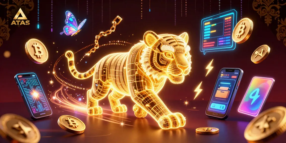 Engage with ATAS's thrilling digital casino experience featuring a neon golden tiger and vibrant crypto elements.