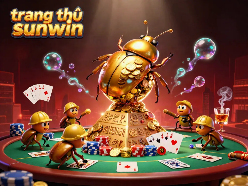 Engaging high-stakes scene at trang chủ sunwin with golden beetles rolling coins and gambling elements.
