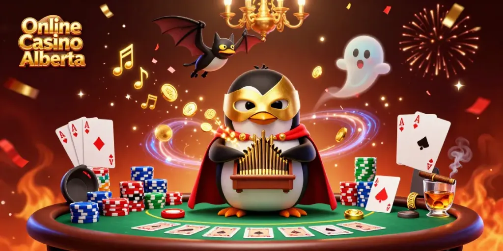Engage with Online Casino Alberta's thrilling games with this vibrant 3D illustration of a penguin musician.