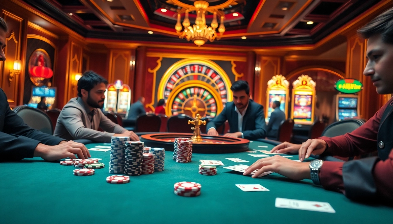 Excited players strategizing at a kkwin poker table in a luxurious casino setting.