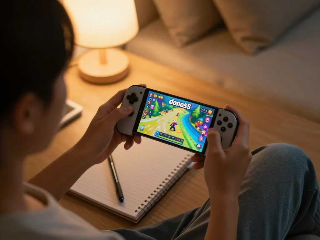 Engaging home scene of a player using the done55 app on a smartphone, showcasing strategic gaming.