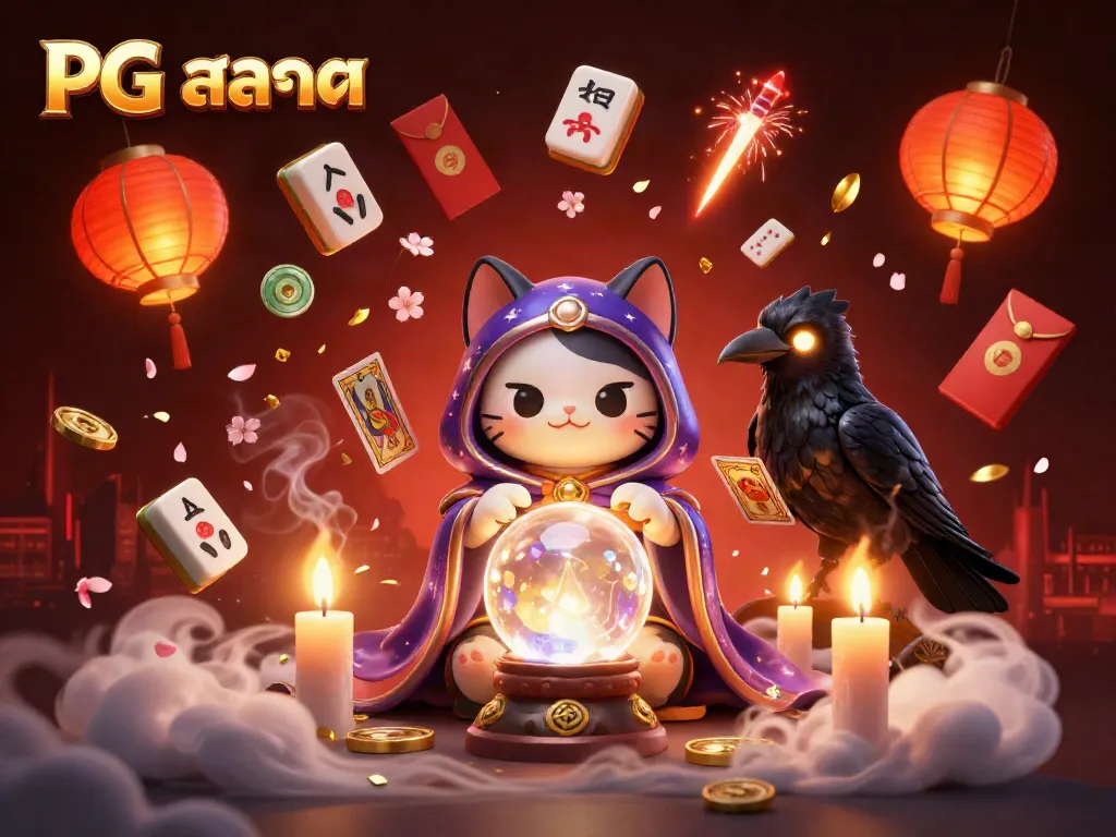 Engage with thrilling PG สล็อต games through a vibrant 3D casino illustration featuring mystical characters and explosive elements.