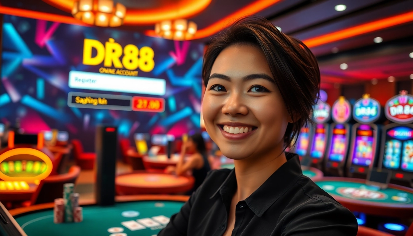 Register for DR88 and experience the thrill of online gambling with vibrant casino visuals.