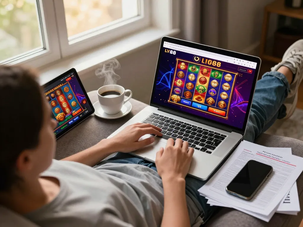 Player enjoying online LV88 slots on a laptop while sipping coffee in a cozy home setting