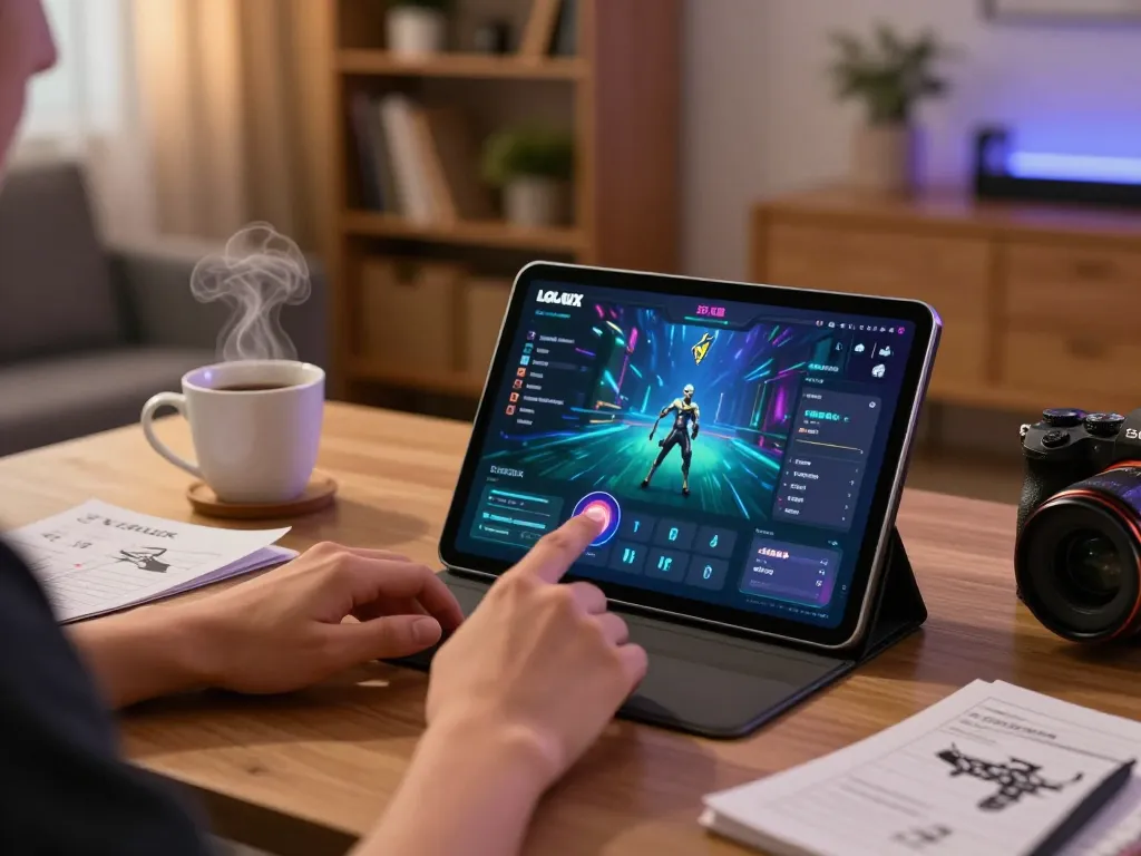 Engaging in LGOLUX online gaming on a tablet in a cozy living room atmosphere