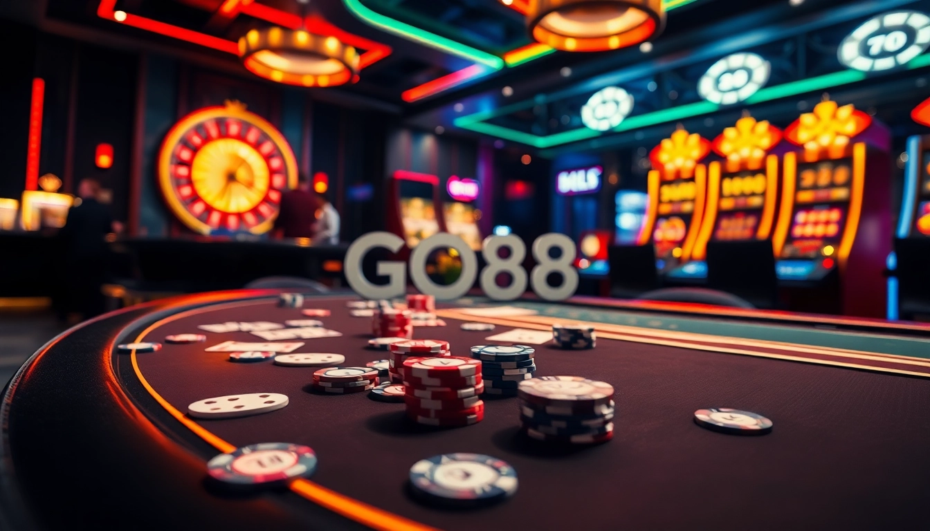 An exhilarating poker game scene at the GO88 casino, showcasing vibrant chips and cards.