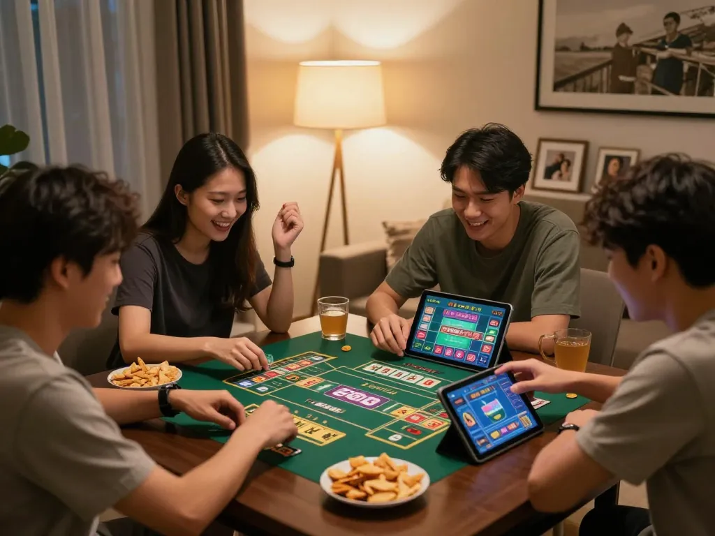 Tài Xỉu Go88 gameplay with friends enjoying online gambling in a cozy living room setting