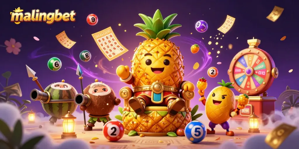Gambang taruhan di Malingbet, raja nanas emas dikelilingi bola lotere berwarna-warni di kasino pantai