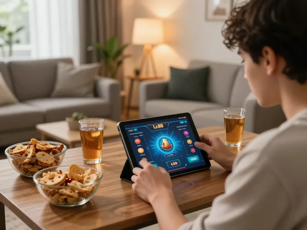 Engaged player enjoying Lc88 game on tablet in a cozy home gaming setup.