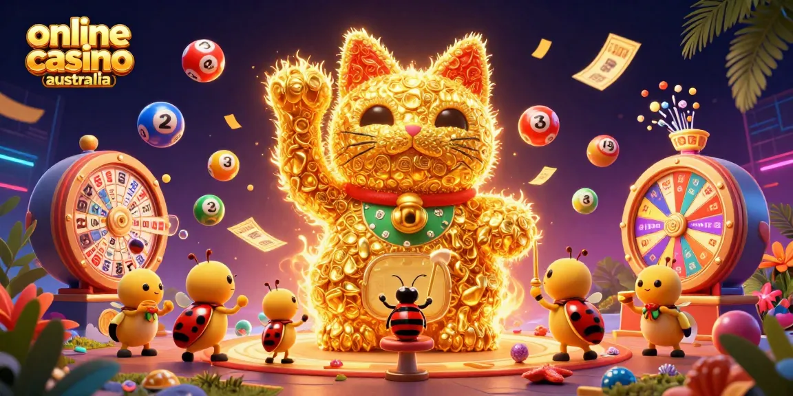 Experience the excitement of online casino Australia with a vibrant lucky cat and dazzling game elements.
