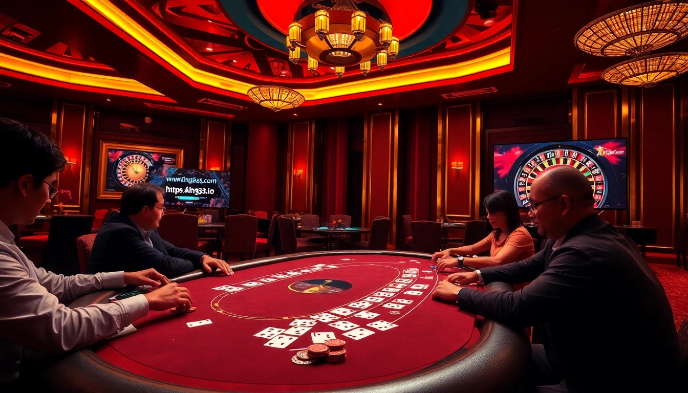 Players at a vibrant poker table in a luxurious casino setting promoting https://king33.io/ while enjoying high-stakes gambling.