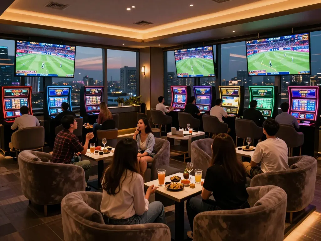 TG88 sports betting excitement in modern lounge with live games on screens