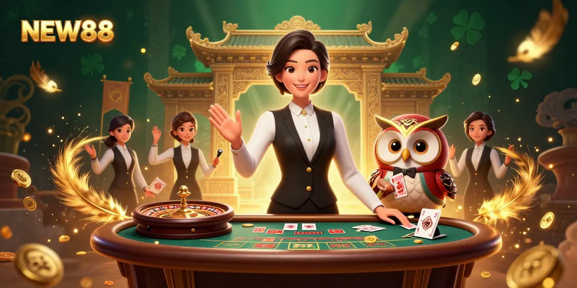 Experience dynamic gaming thrills at NEW88 with charming dealers and vibrant casino elements.
