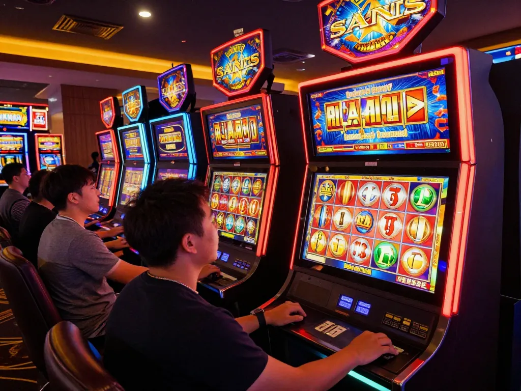 Players spin the reels on slot88 machines, celebrating wins with vibrant casino lights in the background.