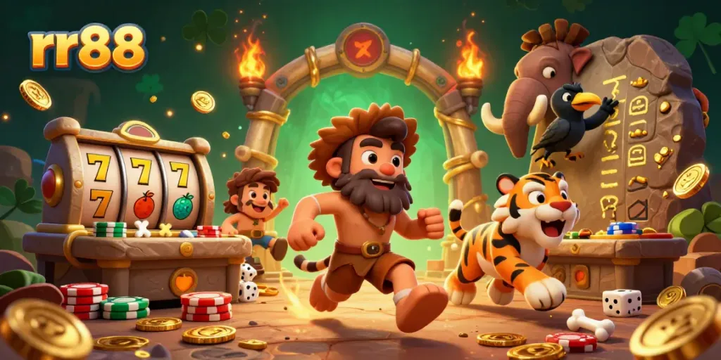 Experience thrilling slots at rr88's prehistoric casino with vibrant characters and exciting features.