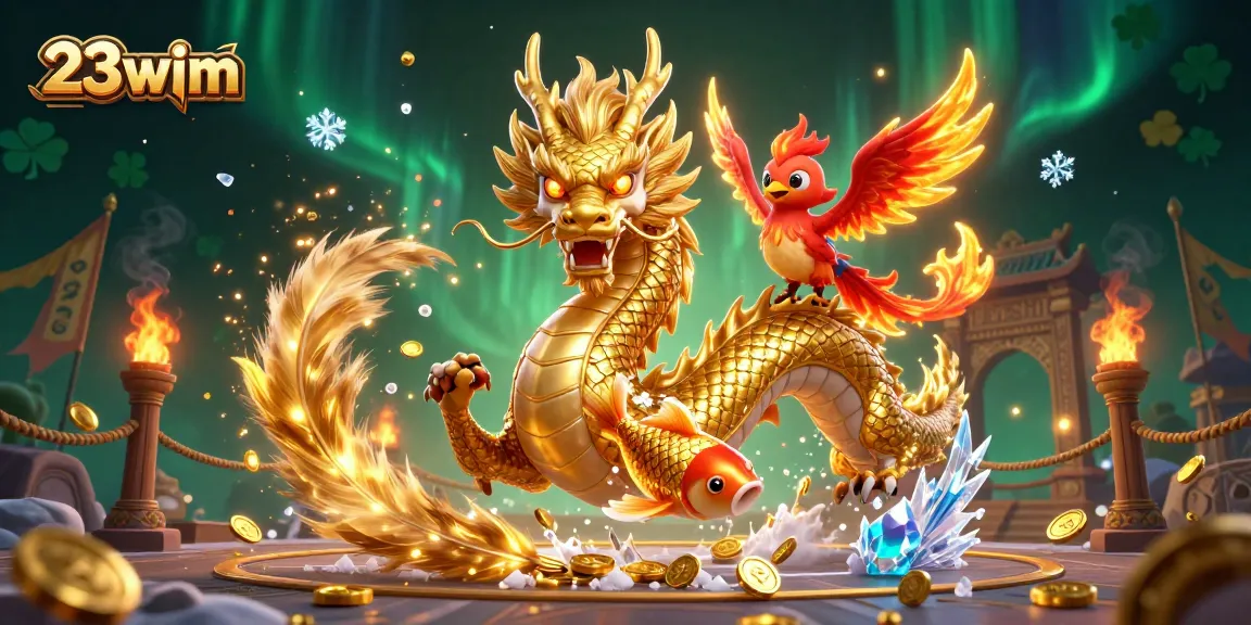 23wim offers thrilling gameplay with a fierce dragon, phoenix, and koi fish amidst coins in a vibrant casino setting