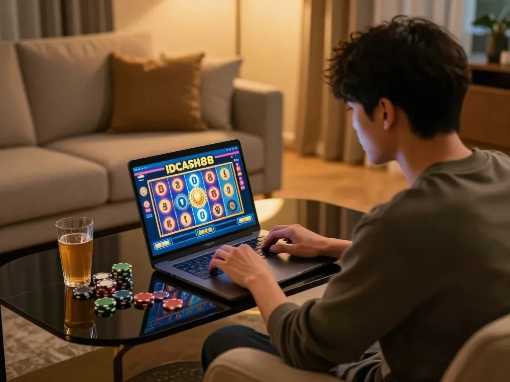 Engage with IDCASH88 in a relaxed home gaming environment using a laptop for exciting online slots.