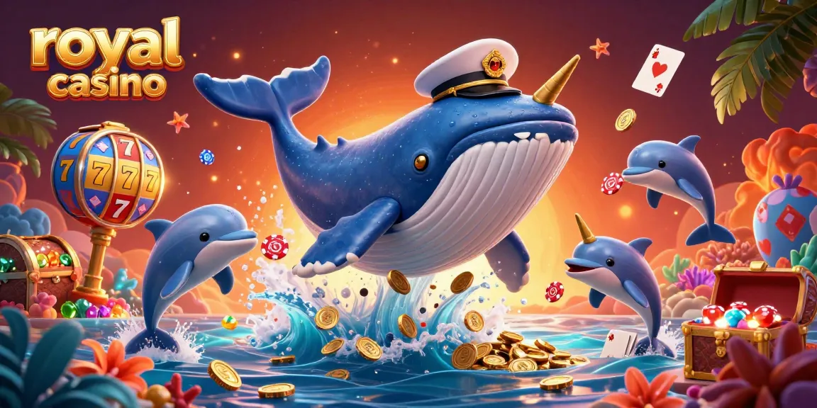Engage in the excitement of royal casino with whales and dolphins surrounded by floating slot reels and gameplay elements.