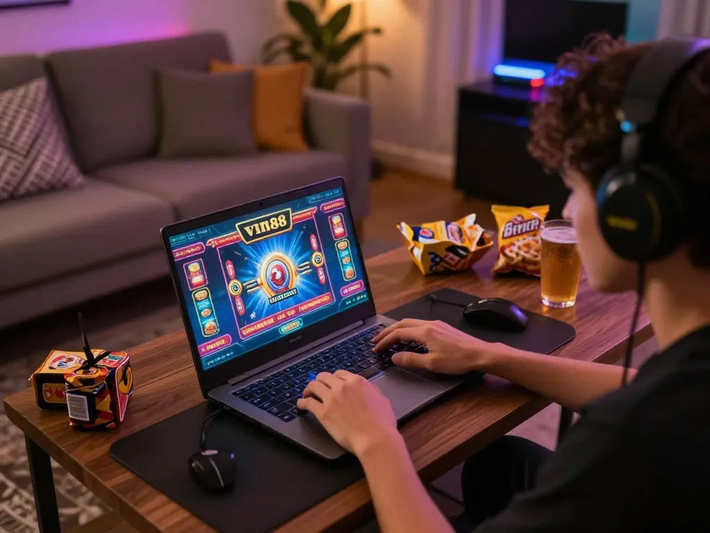 vin88 player enjoying a thrilling online gambling session at home with vibrant casino graphics displayed