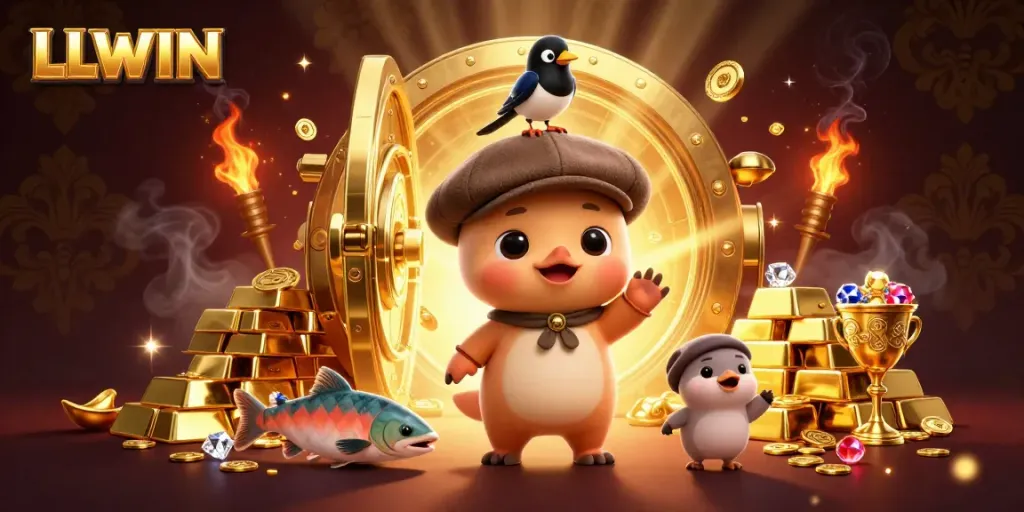 Experience the excitement of LLWIN casino with a vibrant and playful casino-themed illustration featuring cute characters and rich elements.