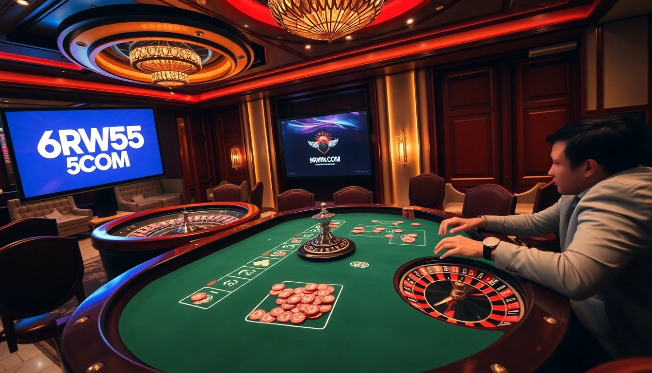 Exciting poker action at a casino table showcasing 6RWIN55 COM with colorful chips and cards.