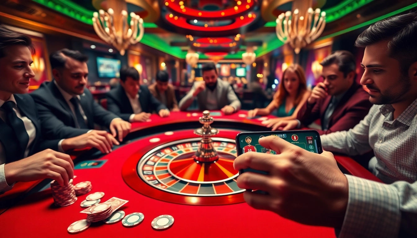 Excited gamblers playing at a roulette table, featuring Link GG88 prominently on a smartphone.