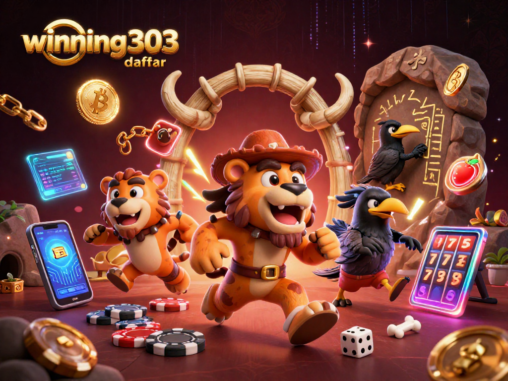 Join the winning303 daftar adventure with animated cavemen and glowing crypto elements in a vibrant casino scene.