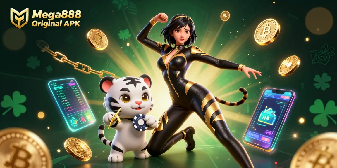 Engage in thrilling gameplay with the Mega888 Original APK, showcasing vibrant casino elements and dynamic characters.