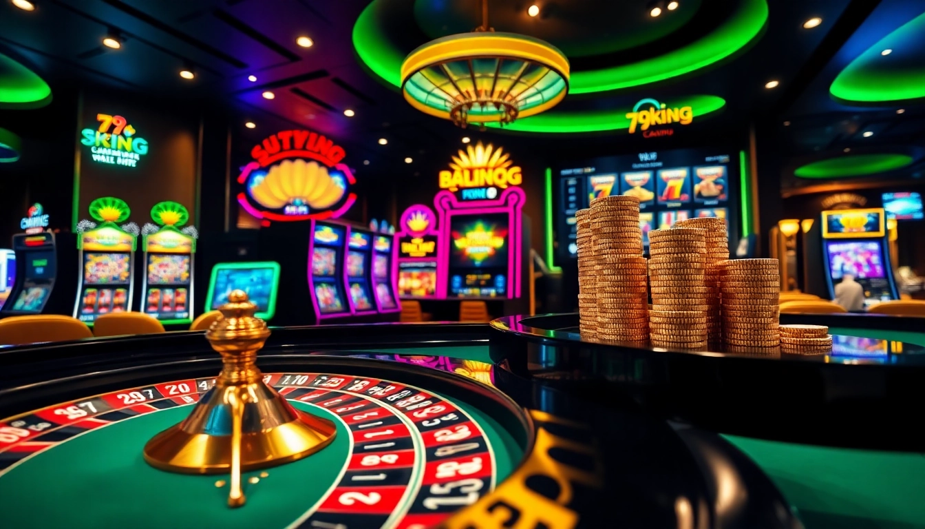79king gaming experience featuring a roulette table and vibrant slot machines.