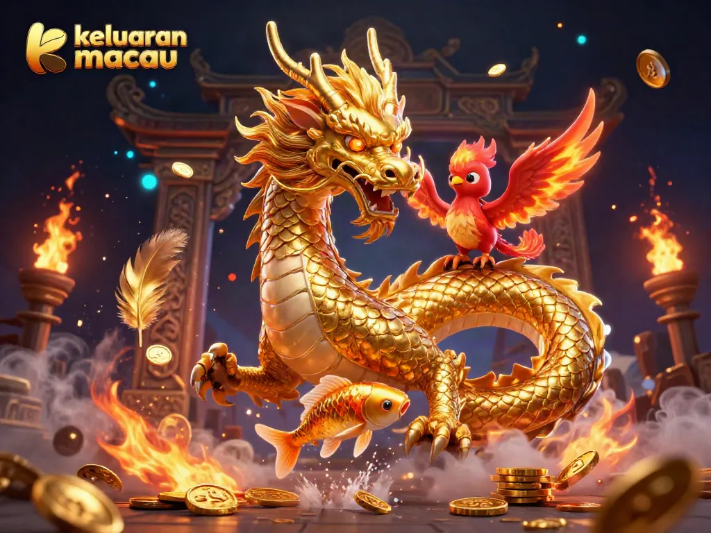 Melihat keluaran macau terbaru dengan naga emas, phoenix merah, dan ikan koi dalam suasana mewah.