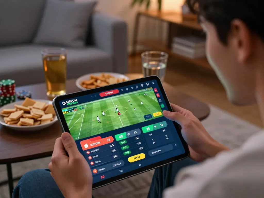 Engaging sports betting moment at Nhà Cái OKFUN showing real-time odds on a tablet in a cozy setting.