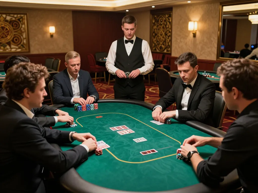 Players placing strategic bets at a sunwin poker table in an upscale casino atmosphere.