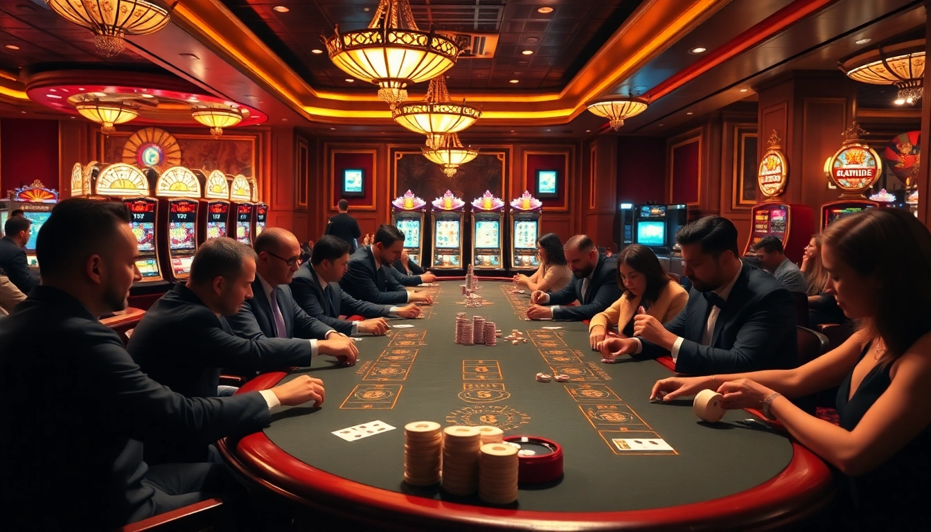 Nohu90 nohu52 casino scene showcasing poker and slot games, highlighting exciting luxury gambling.