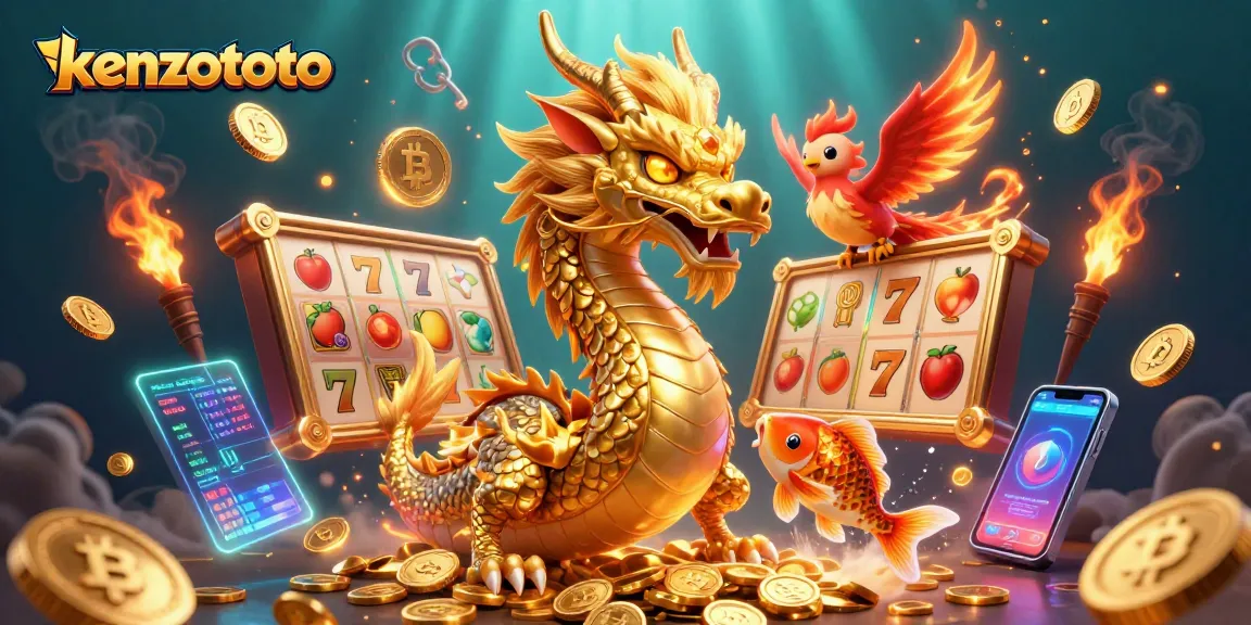 Engage with kenzototo's thrilling slot experience featuring a dragon, phoenix, and koi fish amidst vibrant game elements.