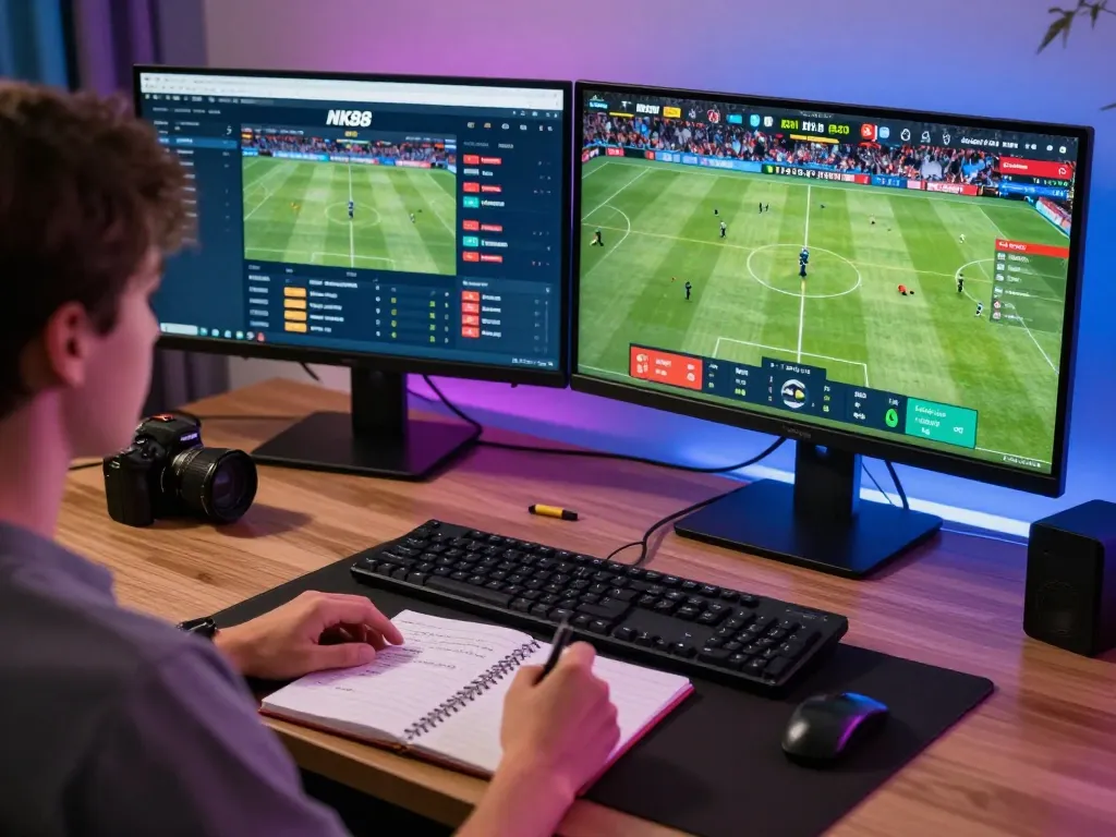 Engaging scene of online betting with NK88 BET app on screen, showcasing live sports action.