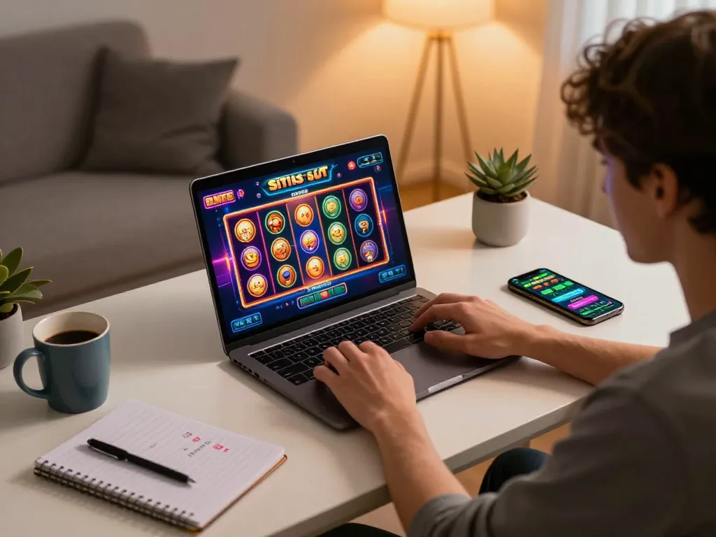 Engaging in situs slot gameplay on a laptop in a cozy home setting, emphasizing strategic betting.