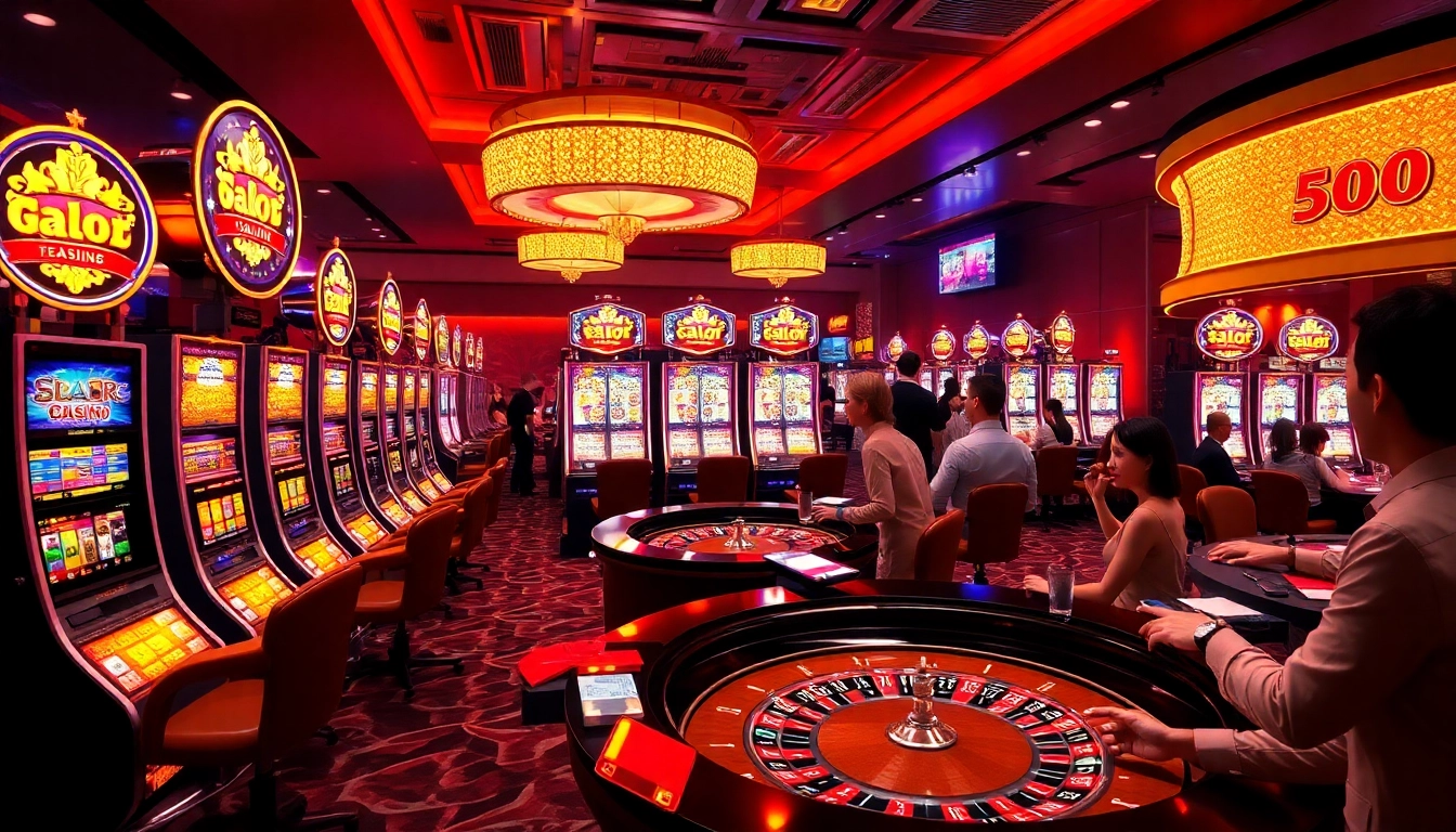 Players enjoying slot gacor hari ini at a luxurious casino with vibrant machines and engaging games.
