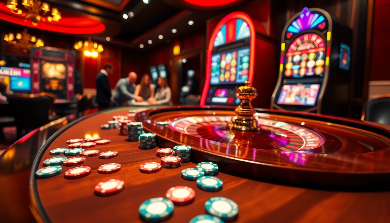 Casino gaming excitement showcased at trang chủ nohu90 with roulette, poker chips, and vibrant slot machines.