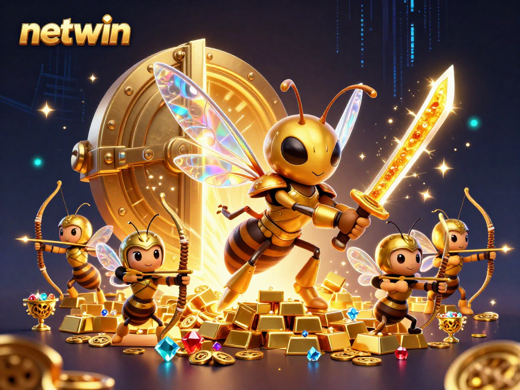 Engage with netwin as the giant golden hornet leads an exciting treasure hunt in a vibrant casino adventure.