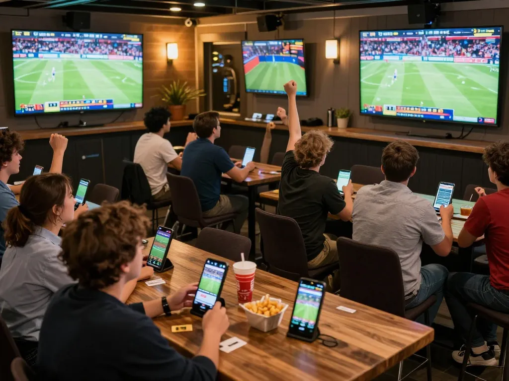 23vn23 users actively engaging in sports betting at a vibrant outdoor lounge.