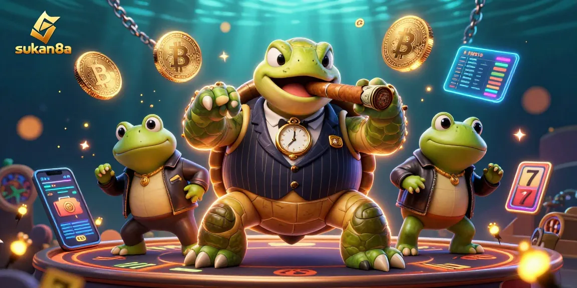 Sukan8a showcases winning slot games with a cartoon turtle mobster surrounded by glowing coins.