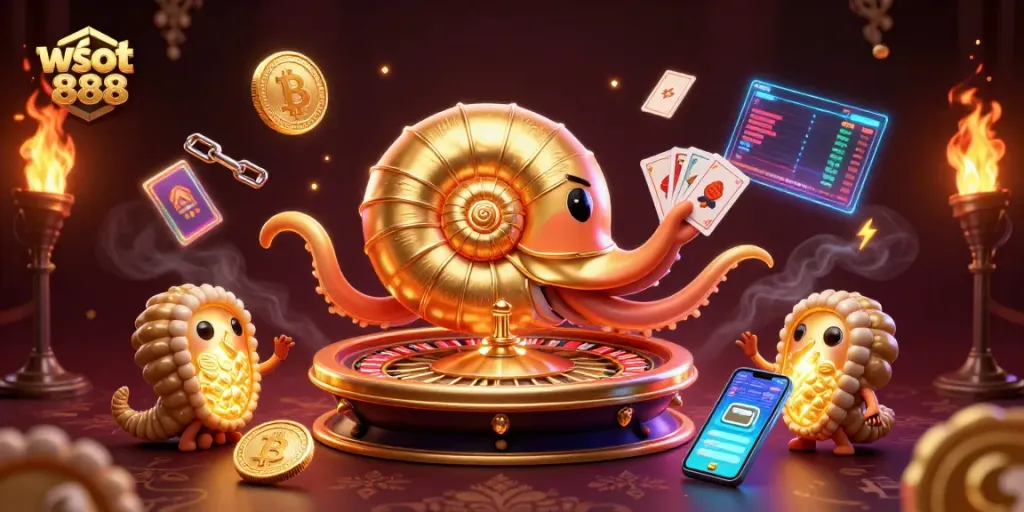 Menangkan hadiah dengan wslot 888, menggambarkan nautilus raksasa di kasino digital yang menarik.