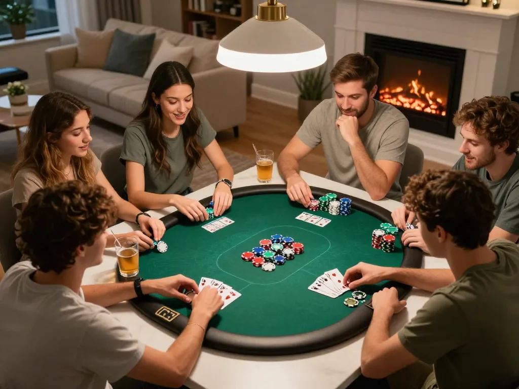 UGDEWA gaming friends strategically placing bets during a lively poker night at home.