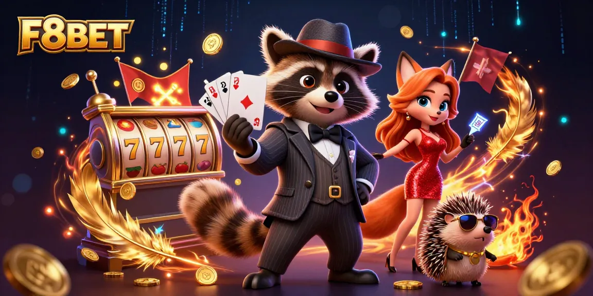 Win big at F8BET with this engaging scene of raccoon and friends in a vibrant casino setting.