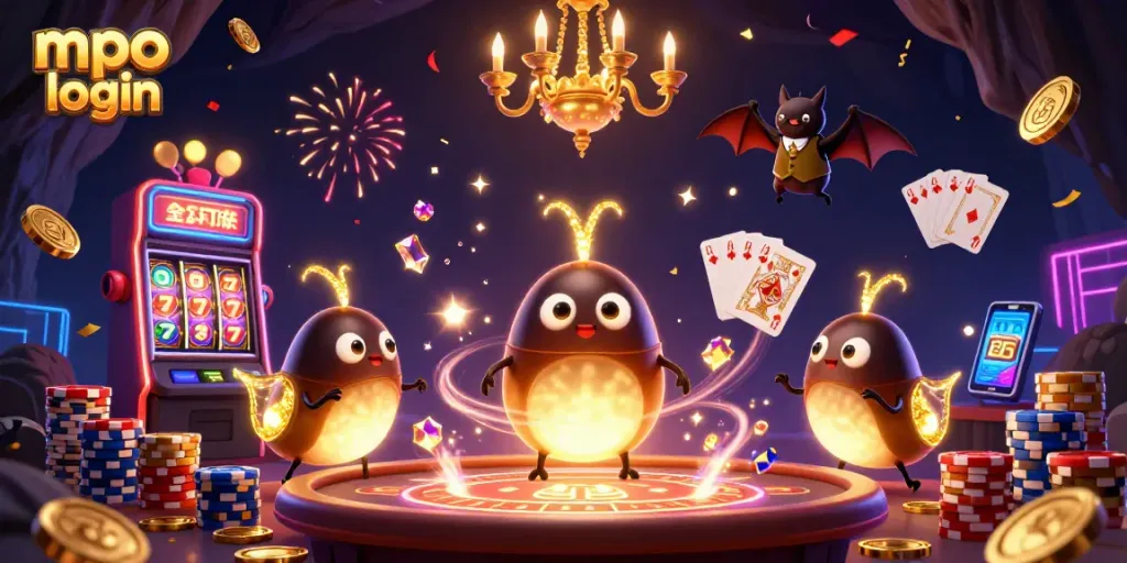 Permainan mpo login terbaik dengan slot kasino yang berkilau dan dealer unik dalam suasana ceria.