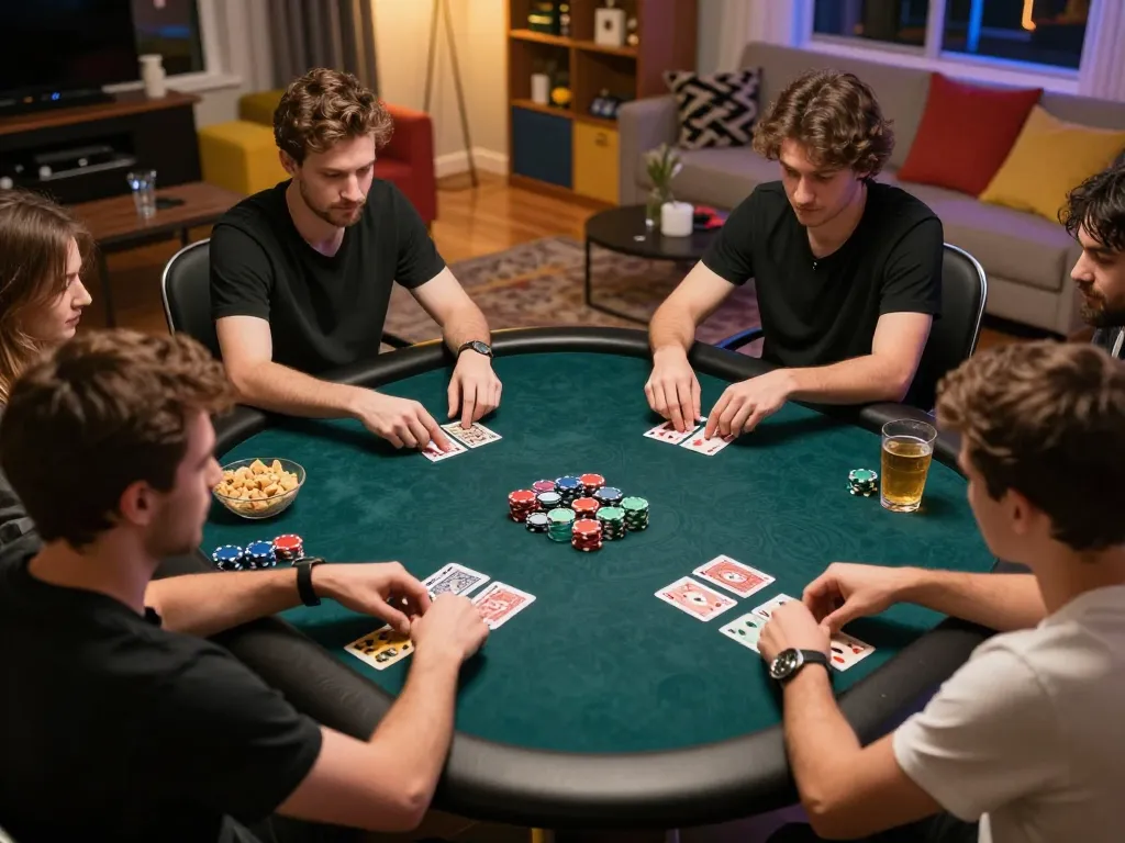 B52club players engaging in strategic poker game at home table, vibrant chips and focused expressions.