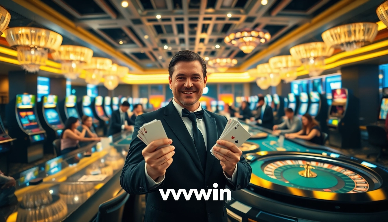 Experience the excitement of vvvwin with stunning casino visuals featuring lively game tables and vibrant slot machines.