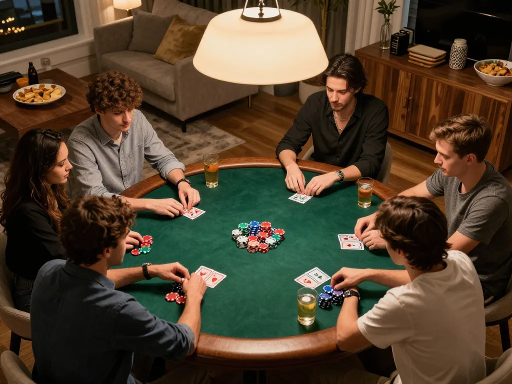 Friends enjoying a competitive poker night at home with chips and cards during a casual gathering, featuring 32win.