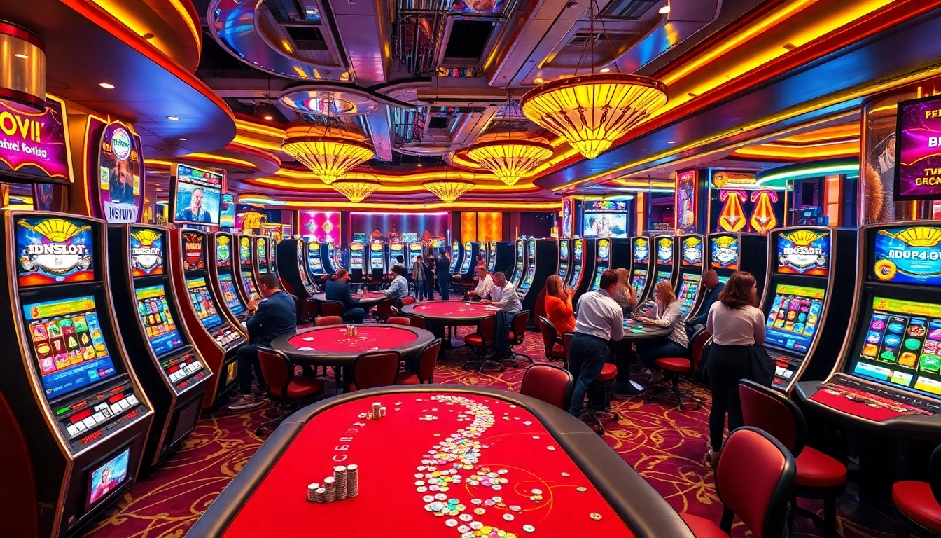 Experience winning at IDNSLOT with vibrant slot machines and enthusiastic players in a luxury casino scene.
