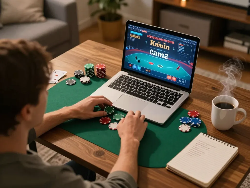F168 players engaged in strategic online poker gameplay set in a cozy home environment.